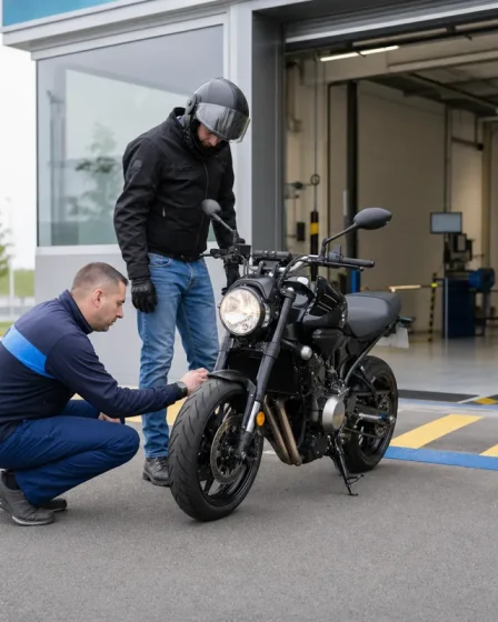 Motard devant un centre de contrôle technique en 2026