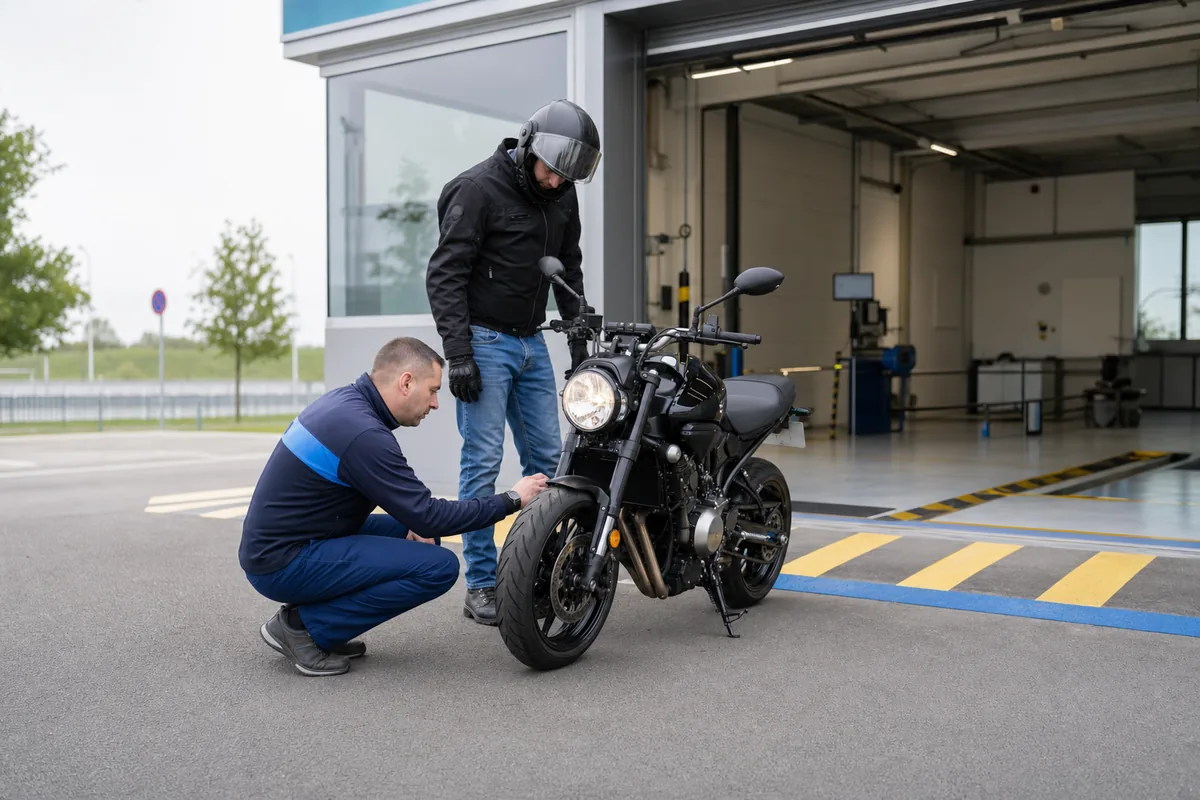 Motard devant un centre de contrôle technique en 2026