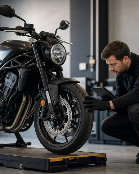 Motard preparant son deux roues pour le controle technique moto