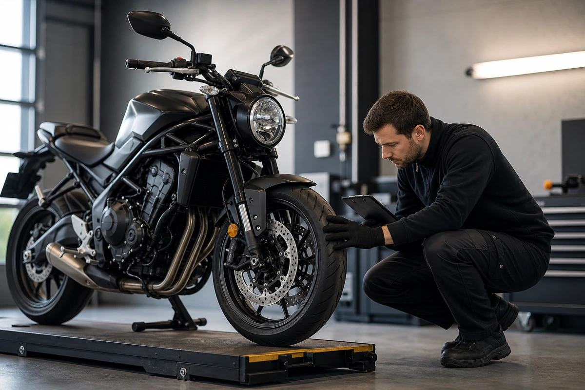 Motard preparant son deux roues pour le controle technique moto