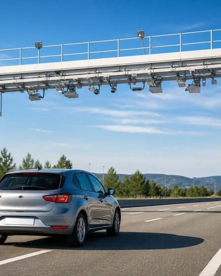 Voiture passant sous un portique de peage en flux libre sur autoroute