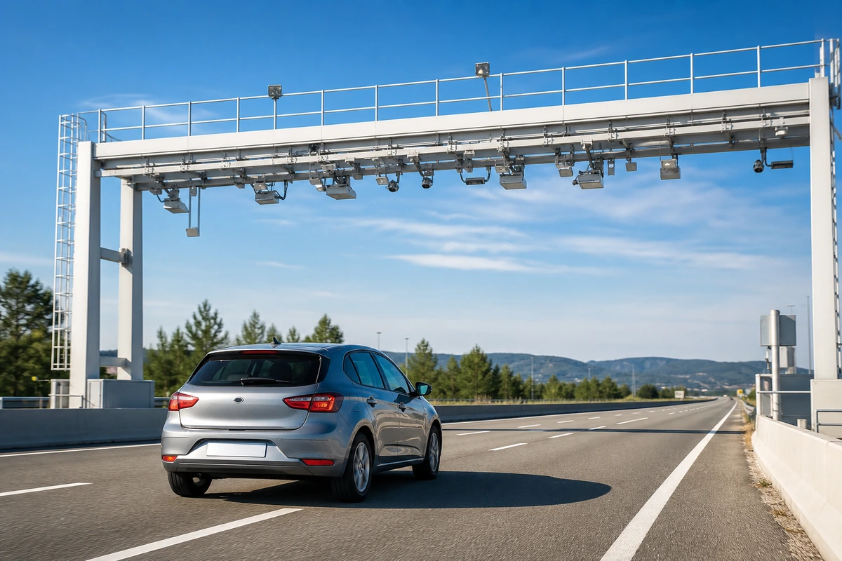 Voiture passant sous un portique de peage en flux libre sur autoroute