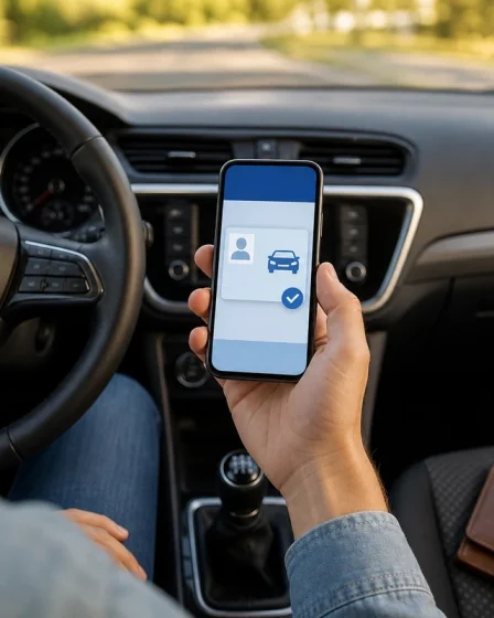 Conducteur consultant son permis numerique sur smartphone dans une voiture stationnee