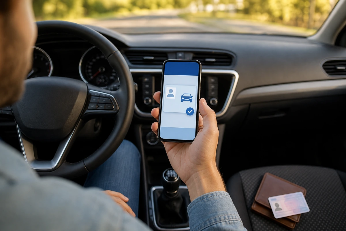 Conducteur consultant son permis numerique sur smartphone dans une voiture stationnee