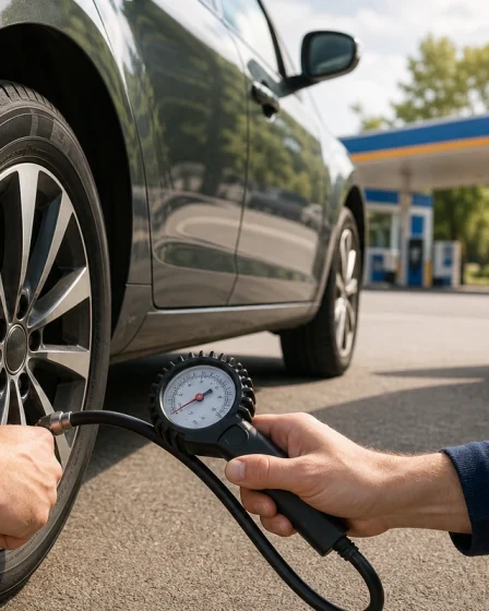 Conducteur verifiant la pression des pneus pour reduire la consommation de carburant