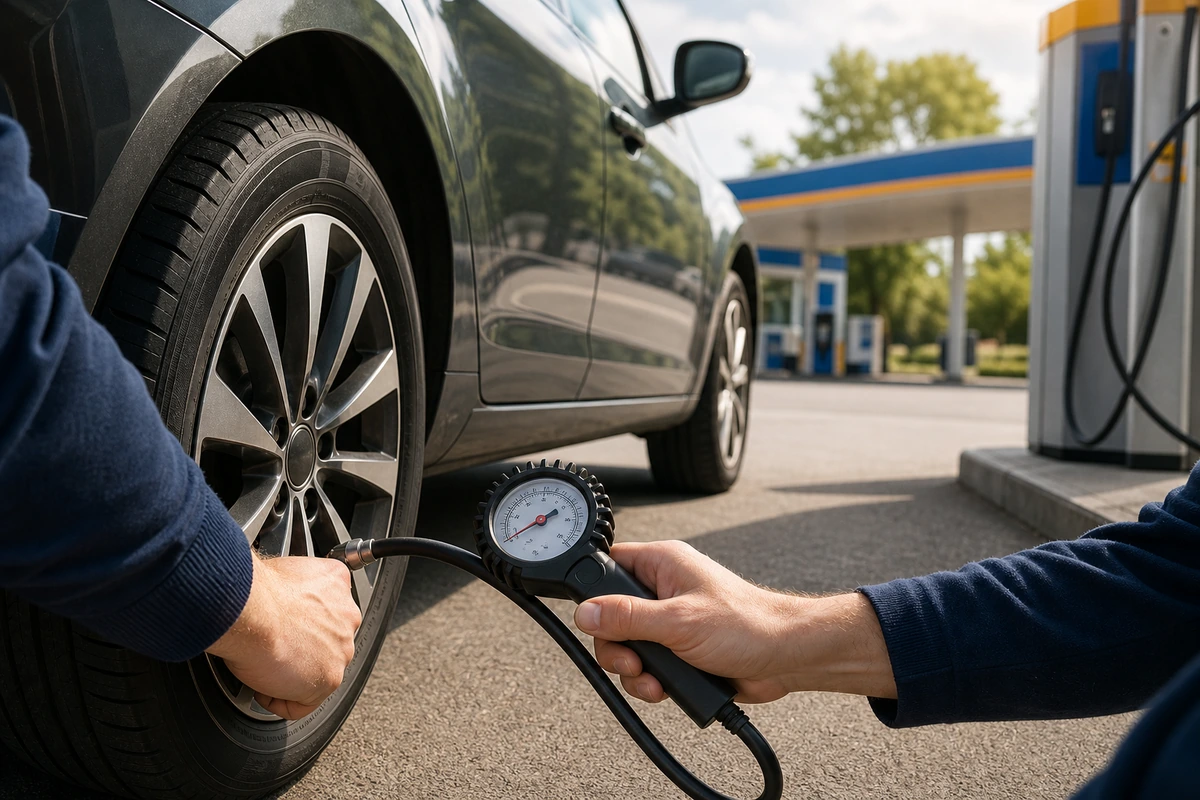 Conducteur verifiant la pression des pneus pour reduire la consommation de carburant