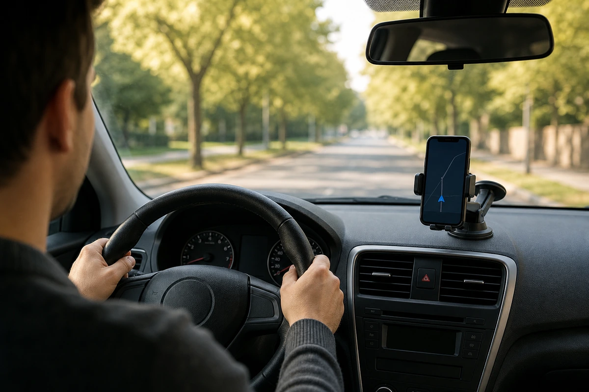 Smartphone fixe sur support avant le depart pour eviter le telephone au volant
