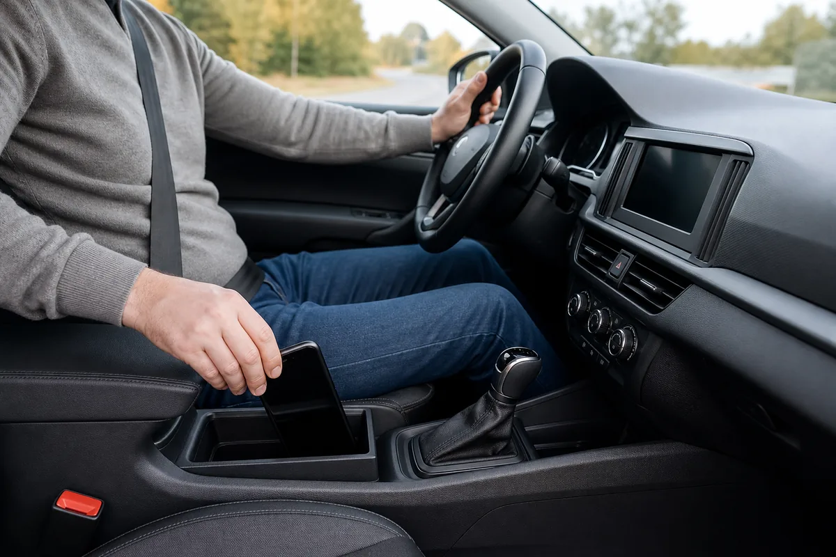Conducteur rangeant son téléphone avant de prendre la route en 2026