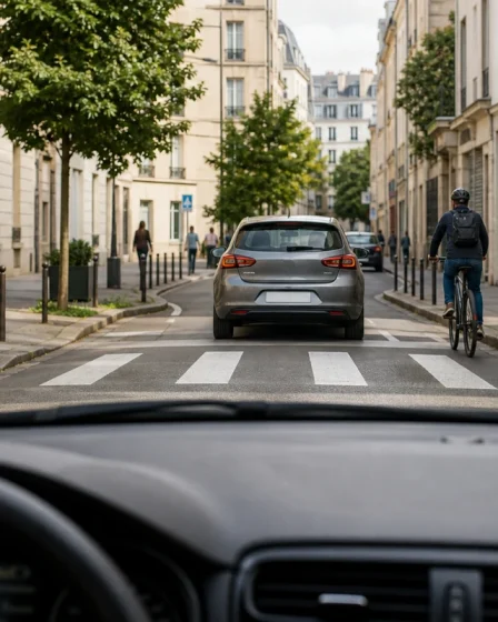 Voiture circulant calmement dans une rue urbaine a basse vitesse