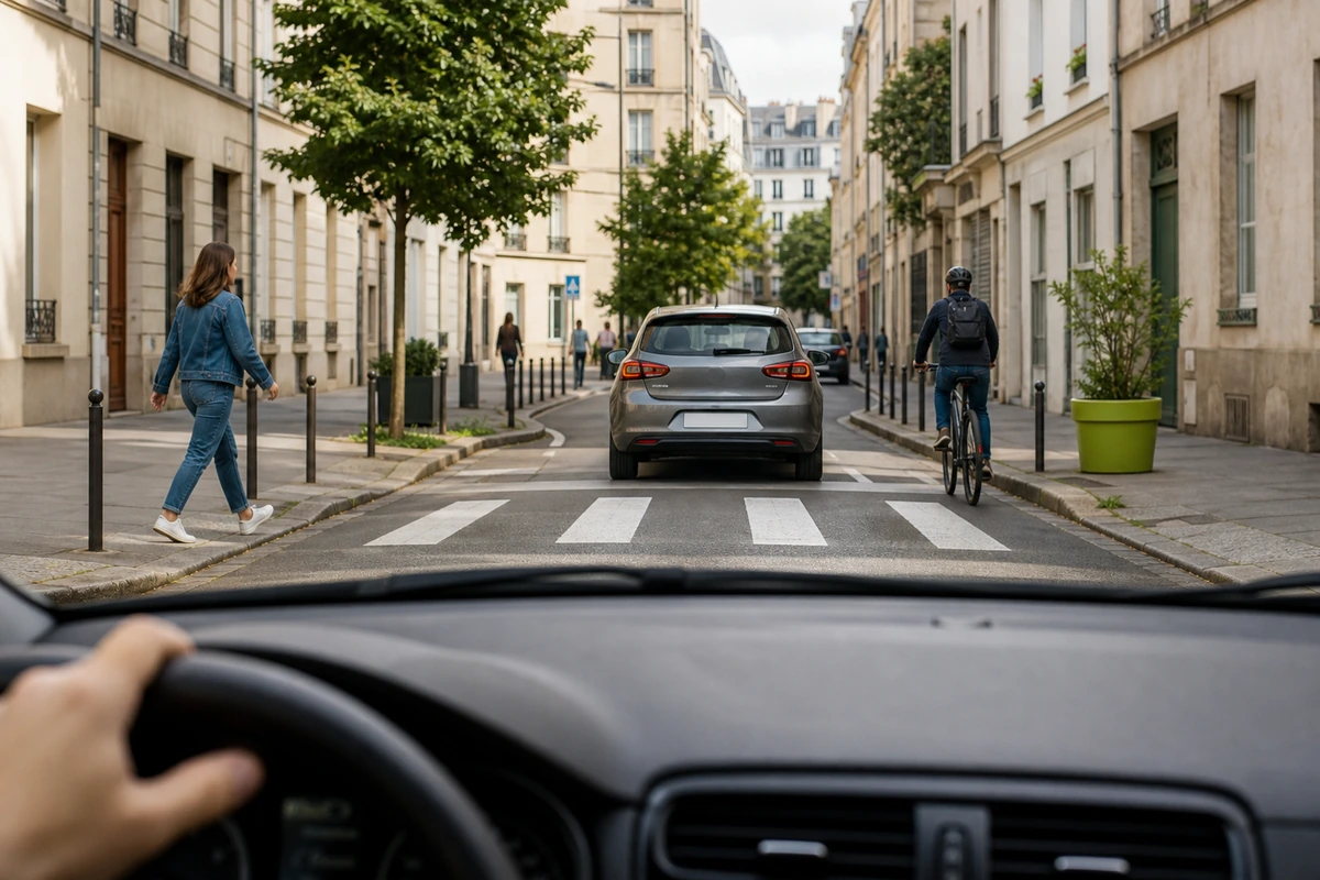 Voiture circulant calmement dans une rue urbaine a basse vitesse