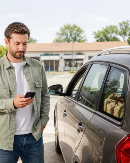 Conducteur comparant le prix du carburant avant de faire le plein