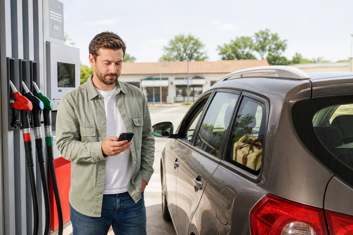 Conducteur comparant le prix du carburant avant de faire le plein