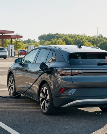 Voiture électrique en recharge sur une aire d’autoroute pendant les vacances 2026