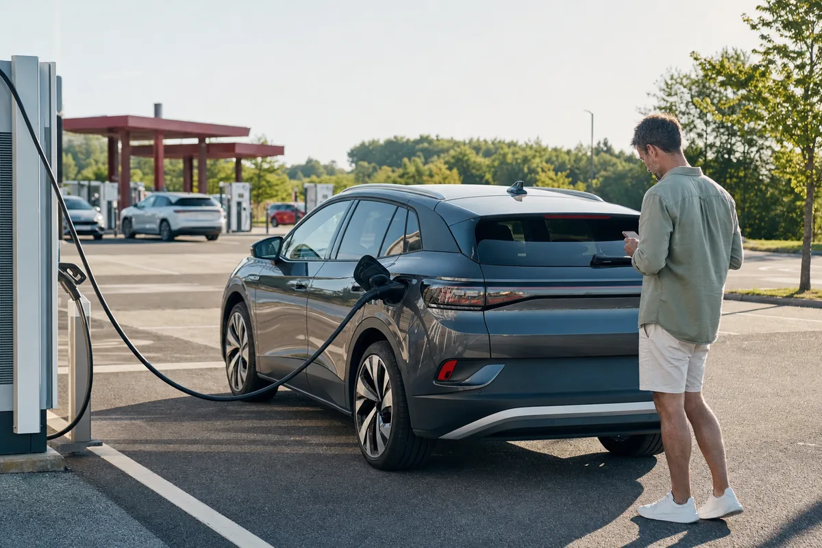 Voiture électrique en recharge sur une aire d’autoroute pendant les vacances 2026